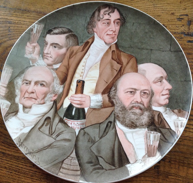 A plate of Disraeli, Gladstone and Salisbury advertising champagne!
